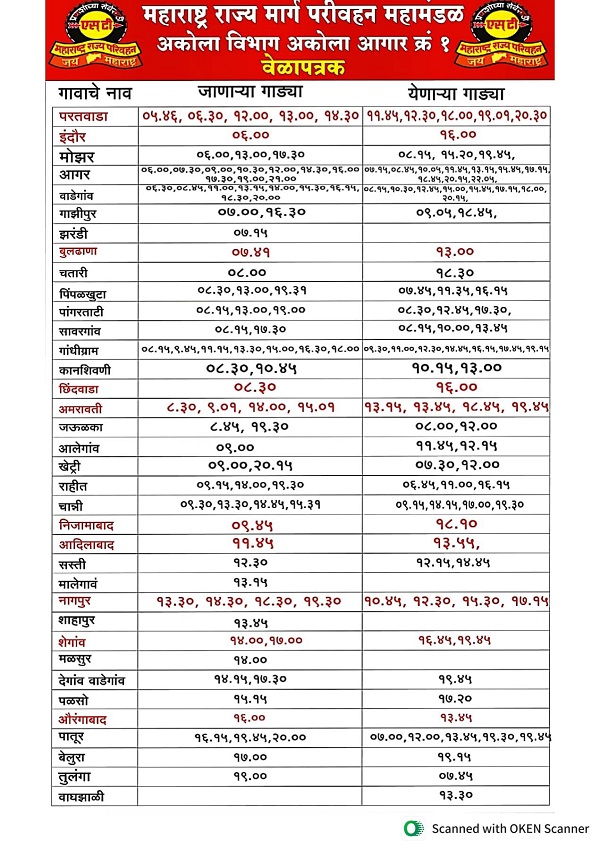 akola bus stand time table